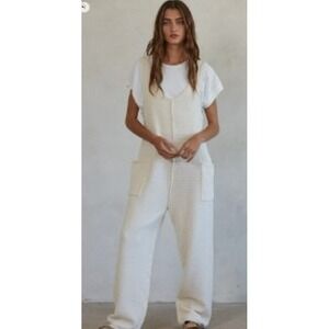 By Together Boho Wide Leg Knit Jumpsuit Womens S Patch Pocket Utility Minimalist
